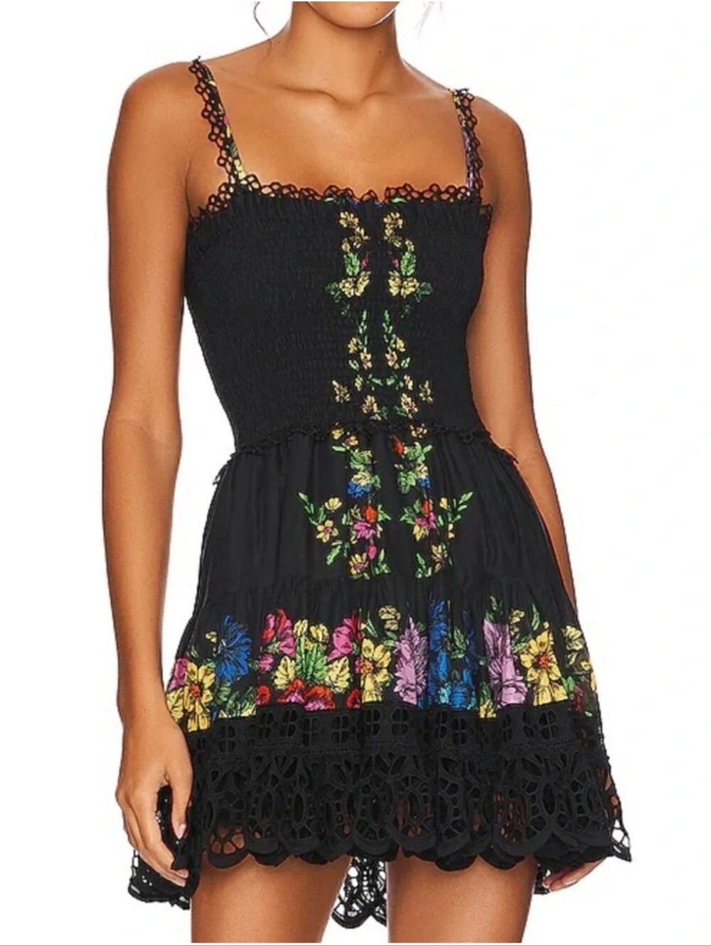 Charo Ruiz Ibiza Zinnia Garden Black Mini Dress with Multicolor Floral